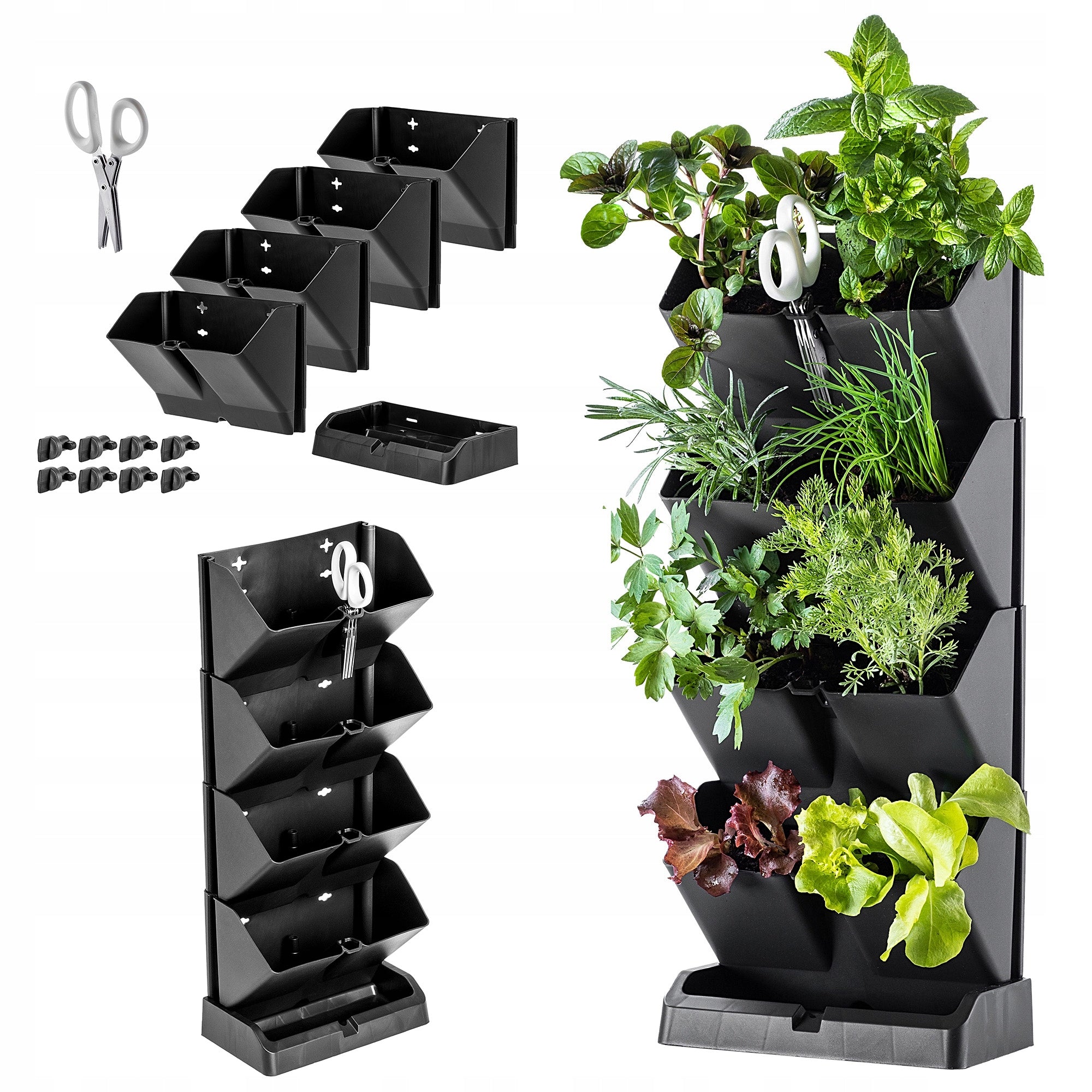 Set 4 ghivece modulare verticale si foarfeca, Zola, pentru plante sau flori,dimensiune totala 47.5 x 18.5 x 11.5 cm, tip cascada, plastic, gri antracit Set 4 ghivece modulare verticale si foarfeca, Zola, pentru plante sau flori,dimensiune totala 47.5 x 18.5 x 11.5 cm, tip cascada, plastic, gri antracit